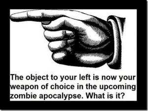 the object to your left is now your weapon of choice in the upcoming zombie apocolypse.  What is it?